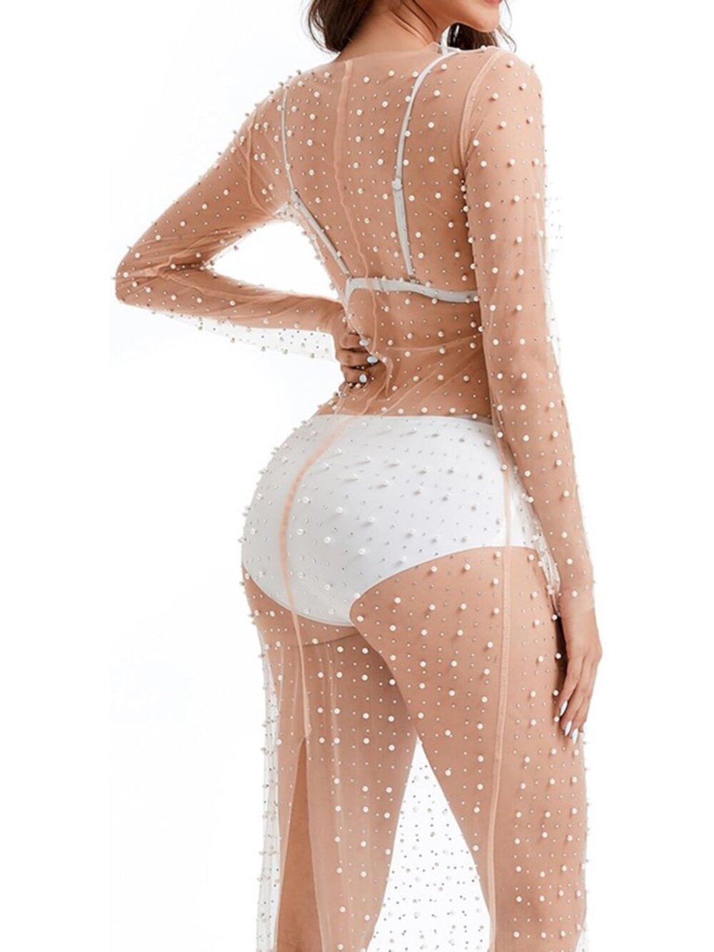 Sheer Mesh Pearl Rhinestone Beach Cover-Up Dress for Swimwear & Bikinis